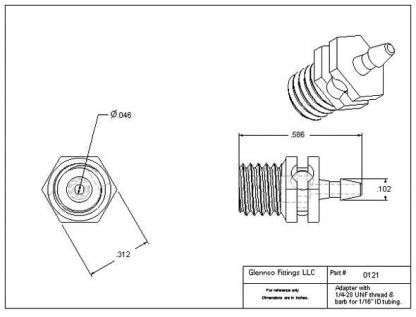 012105 (Adapters - Thread: 1/4"-28 UNF  Barb: 1/16"  Material: Polypropylene)